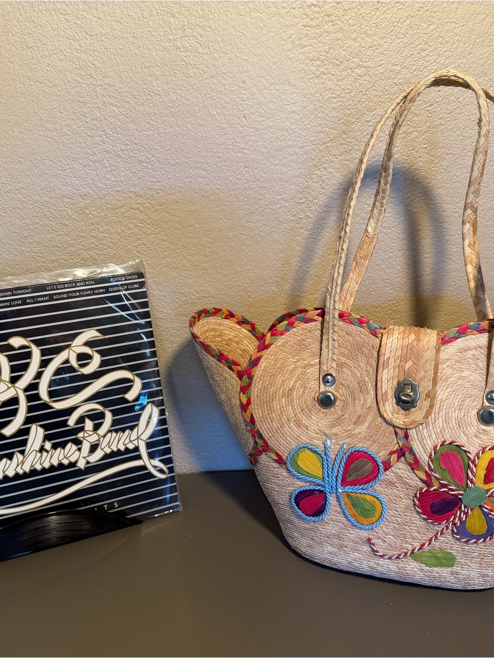 Handcrafted Straw Flower Tote Bag - Natural with Multicolor Embroidery